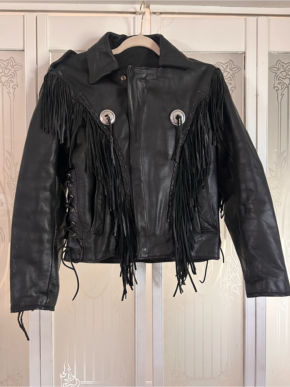 Black Leather Fringe Motorcycle Jacket 80s vintage women’s medium
